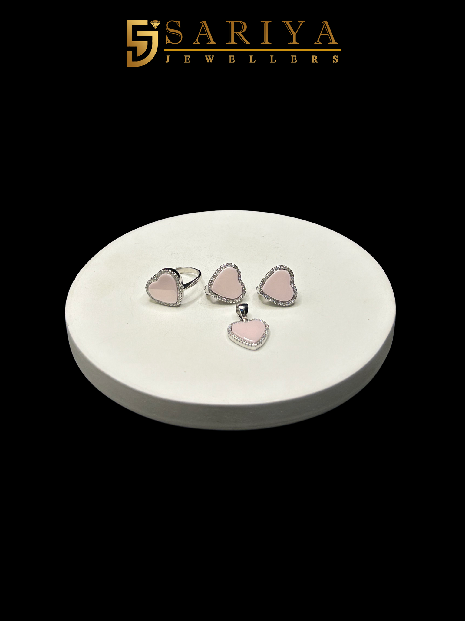 Premium Quality 925 Silver Pink Heart Pendant  Ring & Earrings Set