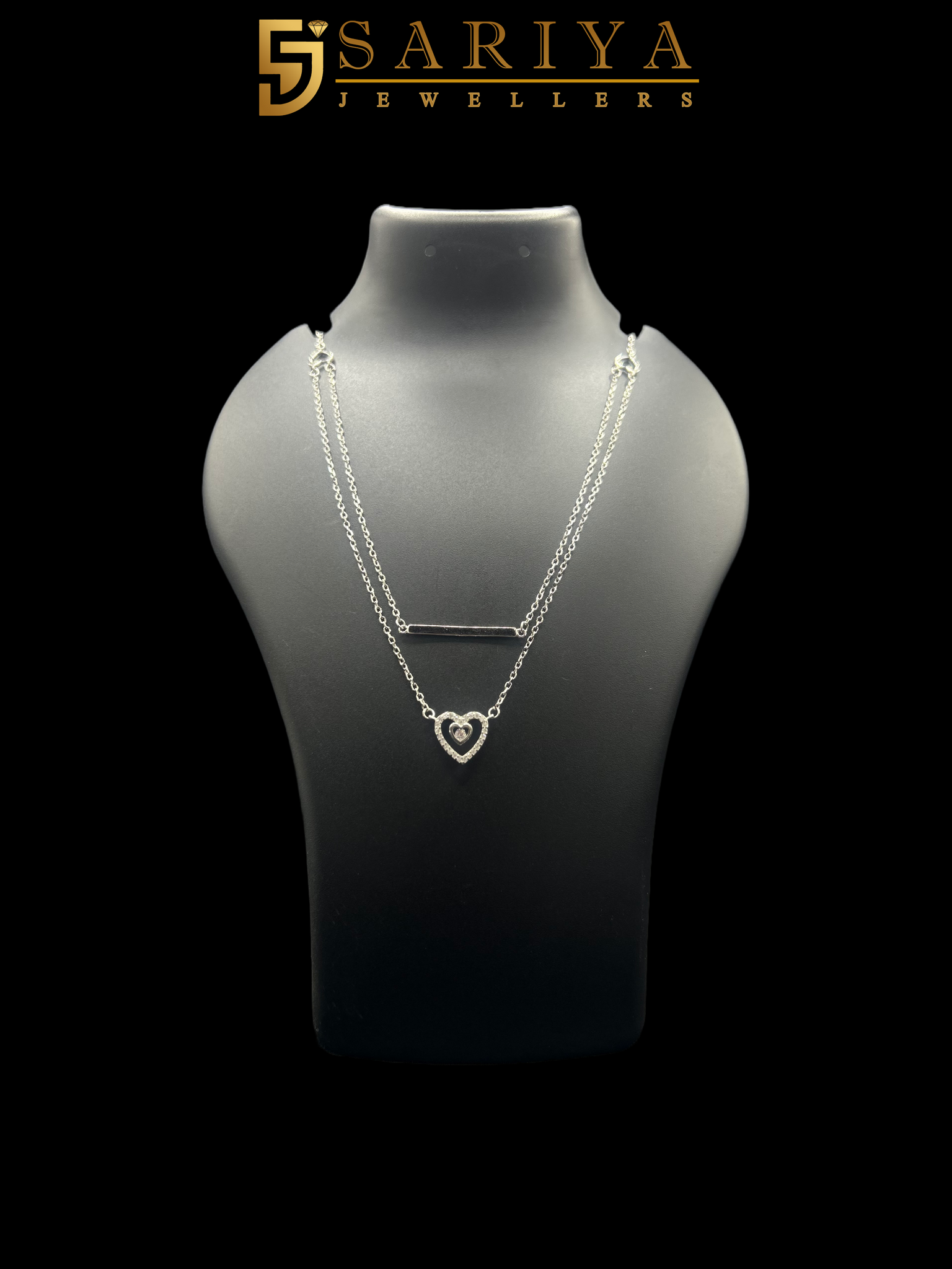 Silver Double Layered Chain With Heart Studded Necklace